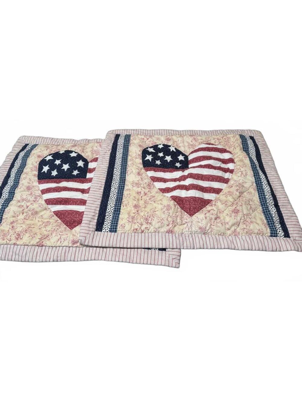 Vintage 28.5" x 22.75" Quilted Americana Flag Heart Pillow Covers (2) Full/Queen